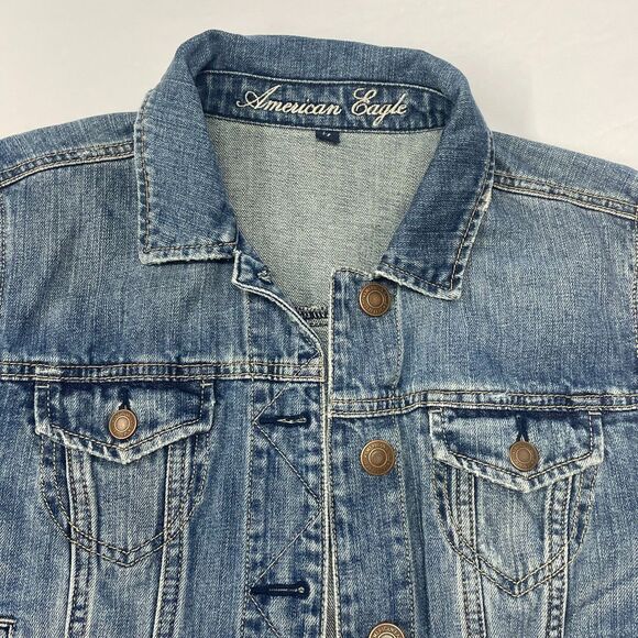 American Eagle Fitted Trucker Denim Jacket Medium Wash Jean Jacket L - Picture 4 of 10